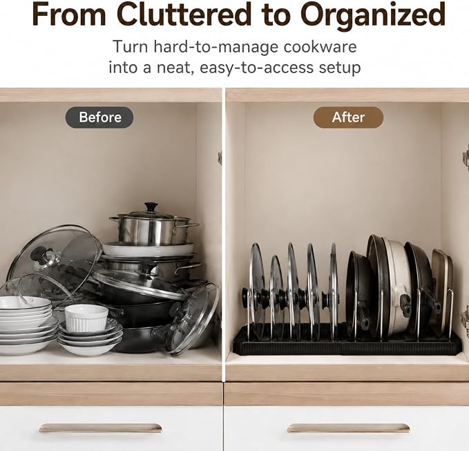 Pots and Pans Organizer Under Cabinet, Adjustable Pot and Pan Organizer Rack, 7 Stainless Steel Dividers, Pot Lid Organizer for Cabinet, Expandable Pan Organizer for Pots, Pans, Lids, Plates Black