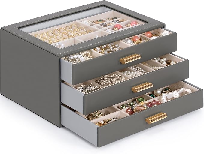 AKOZLIN Jewelry Box with Clear Lid Functional Leather Jewelry Storage Organizer Case 3 Drawers for Women Girls Necklace Ring Bracelet Earring