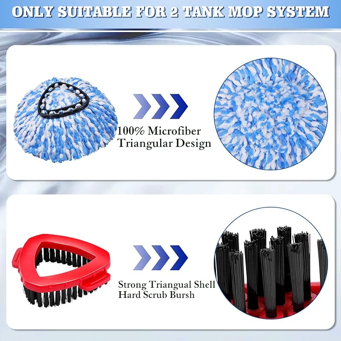 8 Pack Spin Mop Replacements Head Compatible for Ocedar RinseClean 2-Tank System,Microfiber Spin Mop Refills Head,1 Mop Scrub Brush + 1 Mop Base + 6 Pack Blue Floor Mop Head