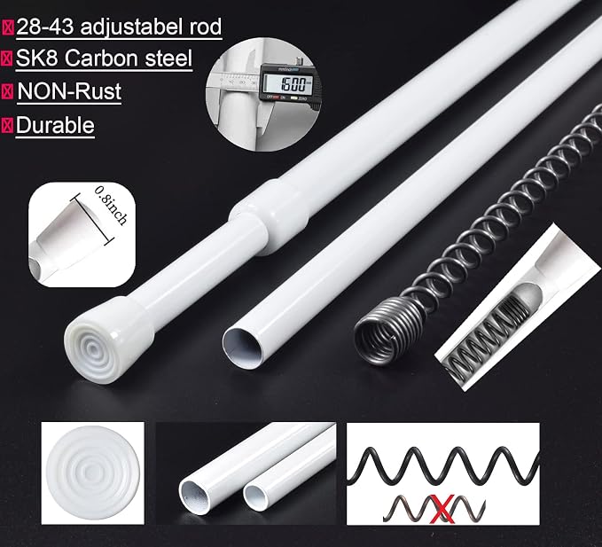 White Tension Curtain Rod for Windows 26-39 Inch,Adjustable Expandable Pressure Spring Curtain Rod No Drilling, 5/8" Curtain Rod for Closet Door Bedroom Doorway