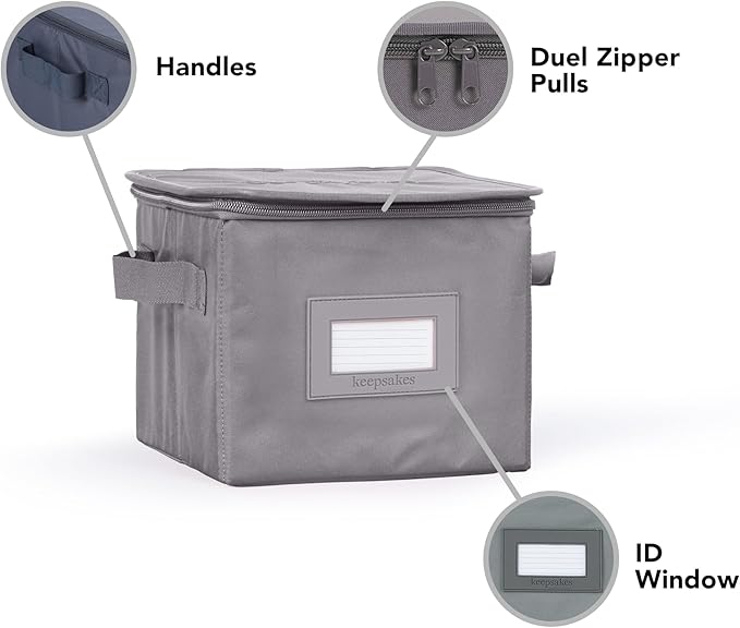 Covermates Dish Storage Box – China & Dinner Plate Storage Container with Dual Zippers, Reinforced Handles, ID Window & Stackable Structured Walls for Dishware Organization, Graphite