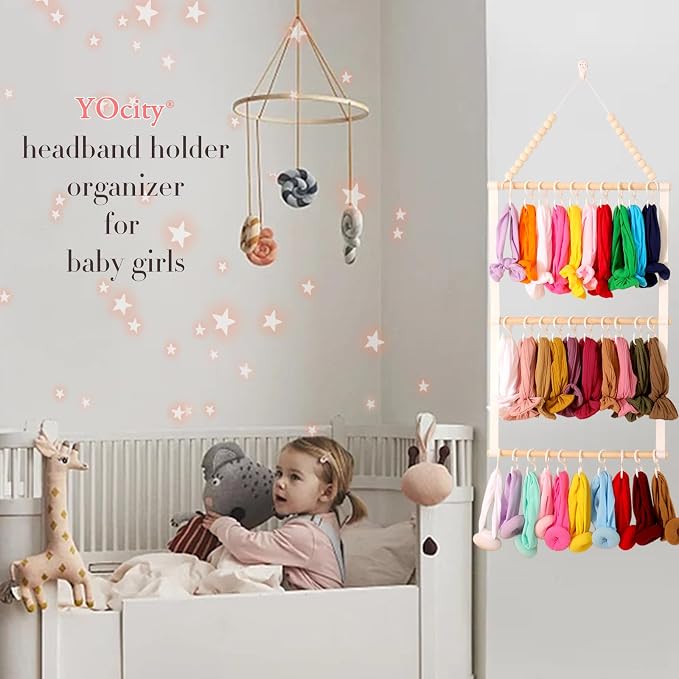 YOcity Headband Holder Organizer for Girls Baby Headbands Hair Accessories Organizer Hair Bows Storage Hanging Decor for Nursery Toddler Girls Room (Beige)