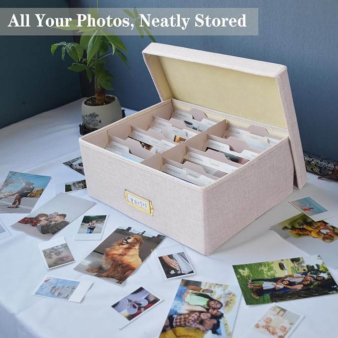 Linen Photo Storage Box – Holds 1700 Photos, Photo Organizer with Lid for Photo, Pictures, 24 Adjustable Dividers & 72 Labels Multi-Use Organizer Memory Box for Envelopes, Baby, Wedding, Cards Beige