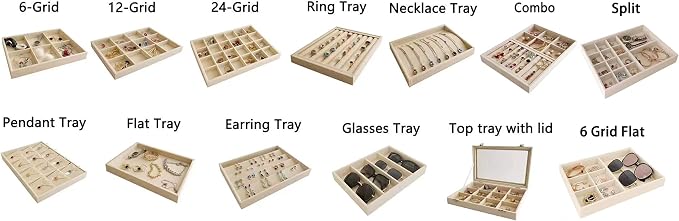 Premium Grade Beige Velvet Jewelry Organization Tray for Earrings Drawer Insert Stackable Closet Organizer