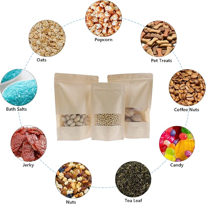 Kraft Paper Zipper Pouches,ULIFESTAR Kraft Stand Up Zip Lock Pouch Bags,100PCS Resealable Bag with Transparent Window and Tear Notch Resealable Bag for Small Business HomeUse,9.8"*13.8"(25*35cm+5cm)