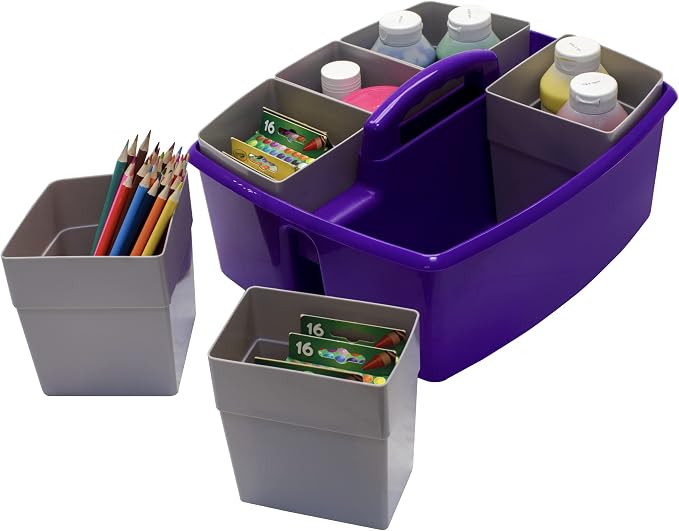 Storex Large Classroom Craft Caddy with Cups, 13 x 11 x 6.575 Inches, Purple, Case of 2 (00986A02C)