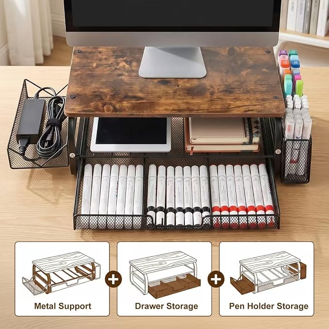 Desk Organizers and Accessories Monitor Riser, Monitor Stand with Drawer (2-Tier Drawers) with Large Side Storage Rack & Cable Management,66LBS/30KG, Office Organization, Walnut Brown
