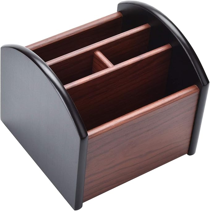 Siveit Wooden Desk Organizer, 4 Compartment Revolving Wood Desktop Organizer Office Supplies Rotating Remote Control Caddy Holder (Desk Organizer-4)