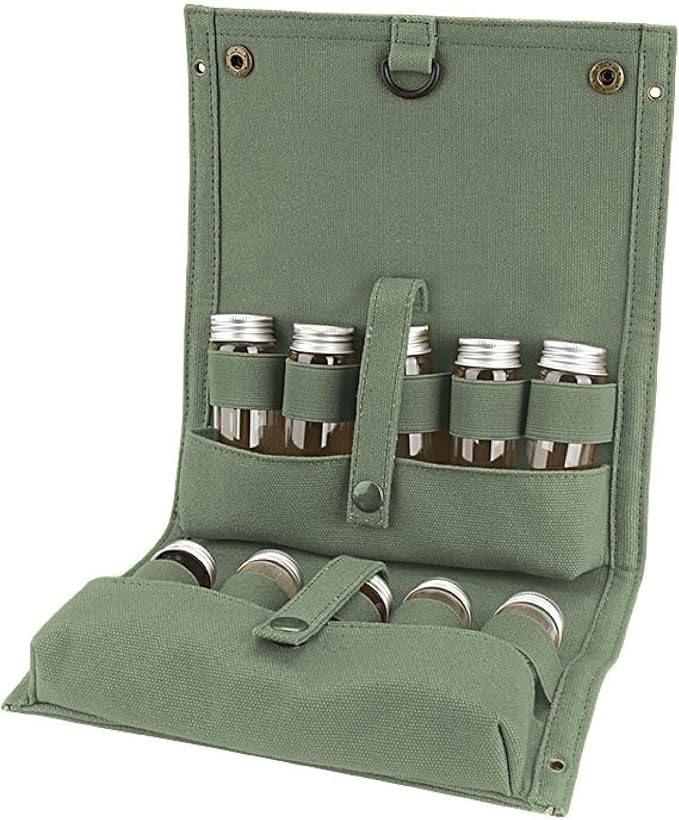 Travel Spice Kit, Portable Spice Bag with 10 Spice Jars, Canvas Seasoning Storage Bag Organizer, Seasoning Bottle Holder with Mini Condiment Bottle, Condiment Container Set for Camping BBQ(Green)