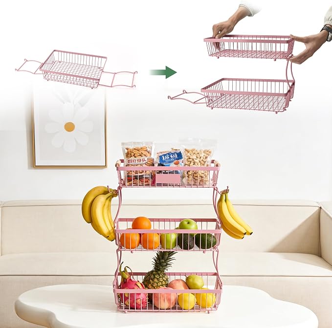 3 Tier Fruit Basket with 2 Banana Hangers, Mesh Basket Fruits Stand Produce Holder Organizer for Onion Potato Bread Snack Veggie Pink