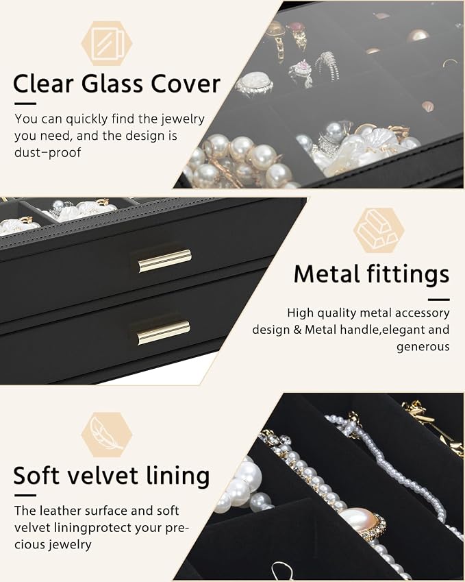 AKOZLIN Jewelry Box with Clear Lid Functional Leather Jewelry Storage Organizer Case 2 Drawers for Women Girls Necklace Ring Bracelet Earring