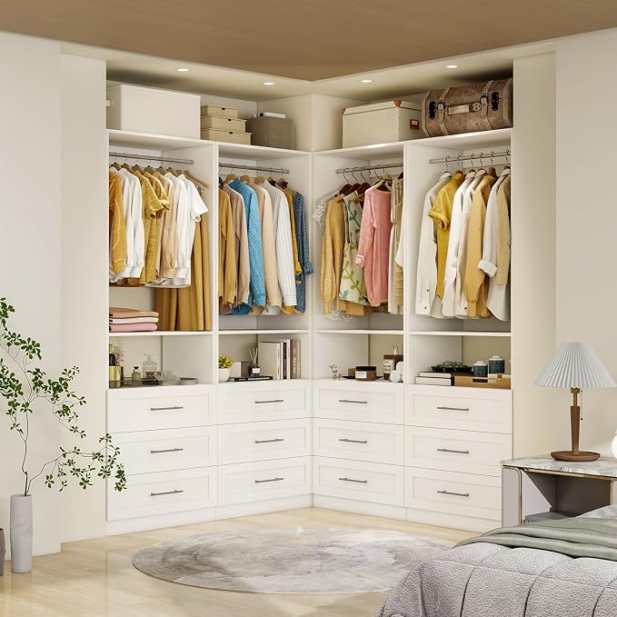Closet System with Wooden Drawers, 8FT Closet Organize System with Drawers & Hanging Rods &for Walk in Closets, 4PCS*24" Freestanding Closet System, White(8FT)
