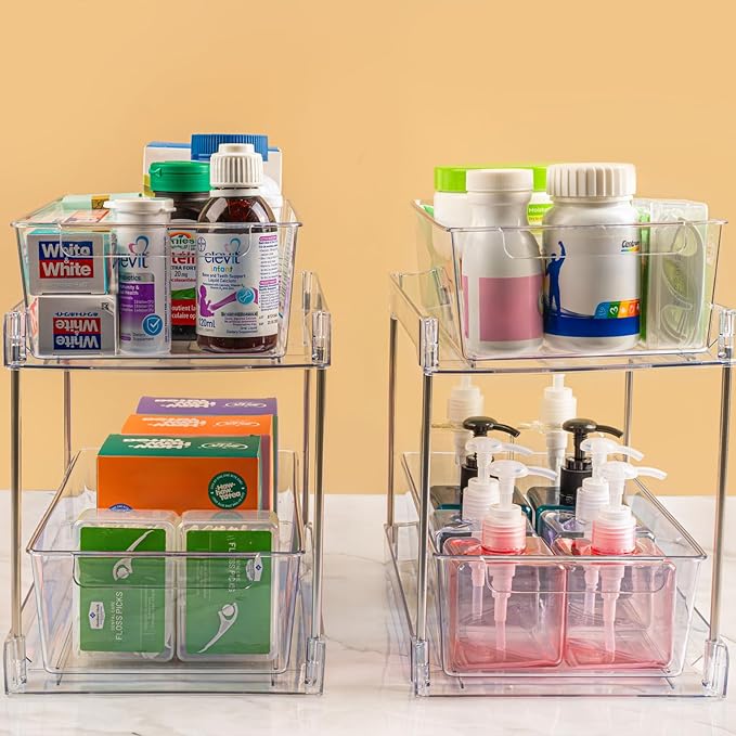 2Pack 2-Tier Bathroom Storage Organizer, Clear Under Sink Organizers Kitchen Vanity Counter Storage Container, Medicine Cabinet Drawers Bins, Pull-Out Organization with Track for Pantry