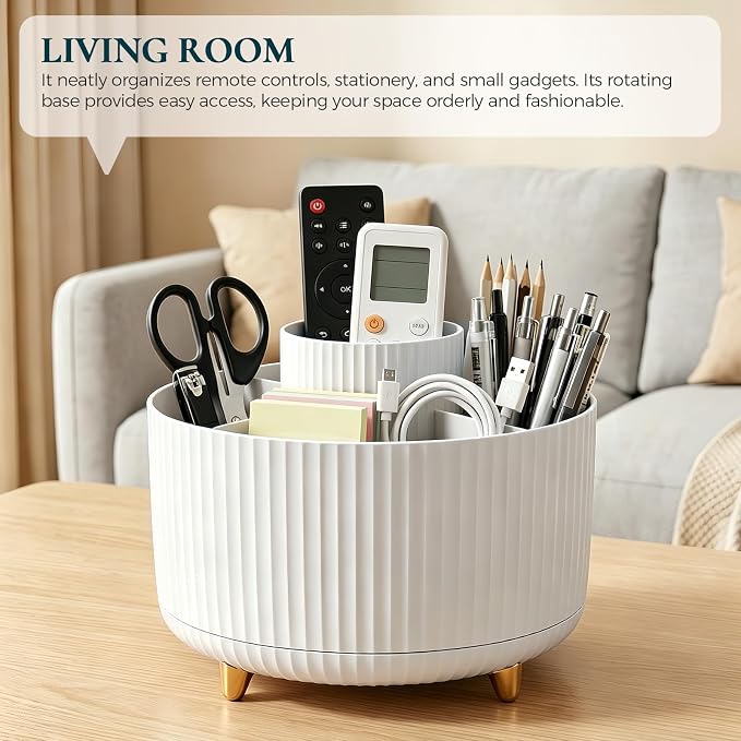 KONVINIT Pencil Pen Holder for Desk, 5 Slots 360-Degree Rotating Desktop Organizer, Cute Desk Organizers and Accessories for School, Home, Office and Art Supply, White