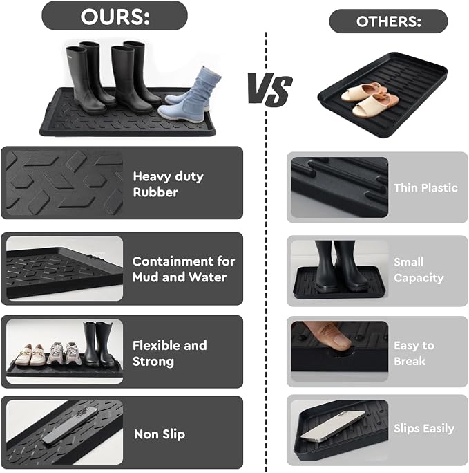 tchdio Durable Rubber Boot Tray and Shoe Mat for Entryway - Heavy Duty Waterproof Shoe Tray Organizer, Non Slip Boot Trays for Front Door, Entryway Muddy Shoes Storage, 16x27.5 Inches