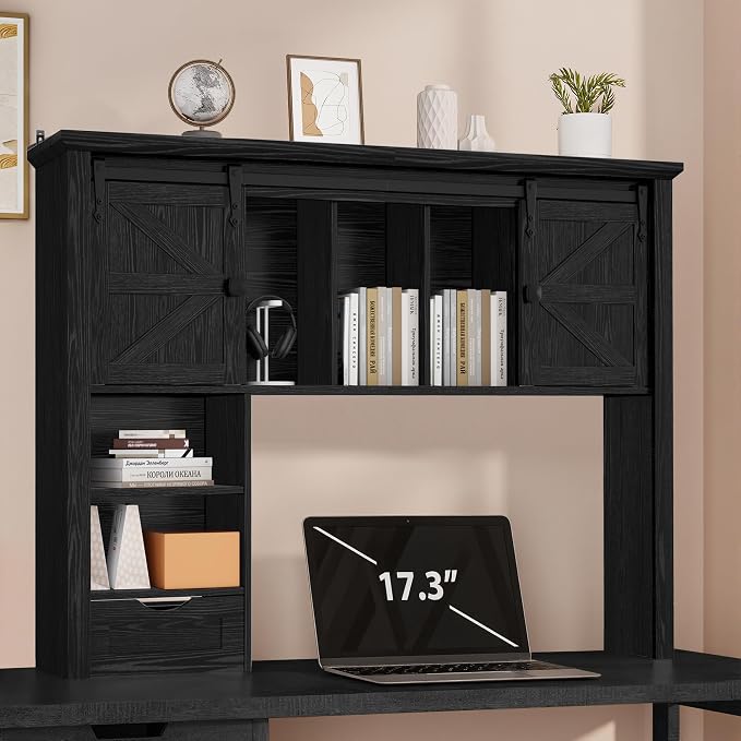 Large Desktop Bookshelf with Sliding Barn Door, 47.2''W Desk Shelf Display Rack, Desktop Organizer Storage Rack with 7 Cubbies and Drawer, Home, Desk Shelf for Office, Dorm, Vanity, Black