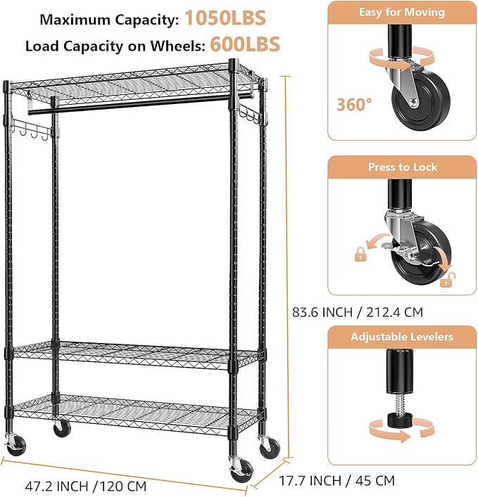 M MZG Heavy Duty Rolling Garment Rack 3 Tiers Adjustable Wire Shelving Clothes Rack with Rods and Side Hooks,Storage Closet Clothing Rack with Wheels Black 17.7" D x 47.2" W x 83.6" H