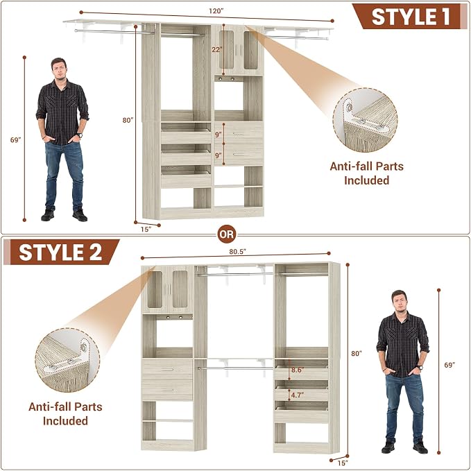 6.7FT-10FT Closet System Set with Half-Open Drawers, 80.5''-120" Wooden Modular Wardrobe Set with Shelving Towers, 80'' Height Closet Organizer with Hanging Rods and 2 Big Wing Shelves, White Oak