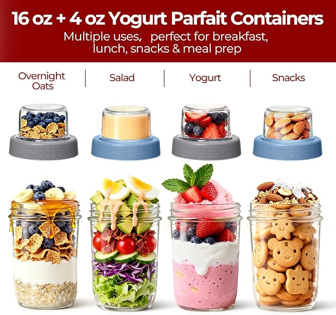 16+4 oz Glass Parfait Cups with Lids 2 Pack Overnight Oats Container | Dry Wet Separation, Jar for Overnight Oats,Chia Pudding,Snacks,Nuts, Fruit,Granola Toppings,Meal Prep