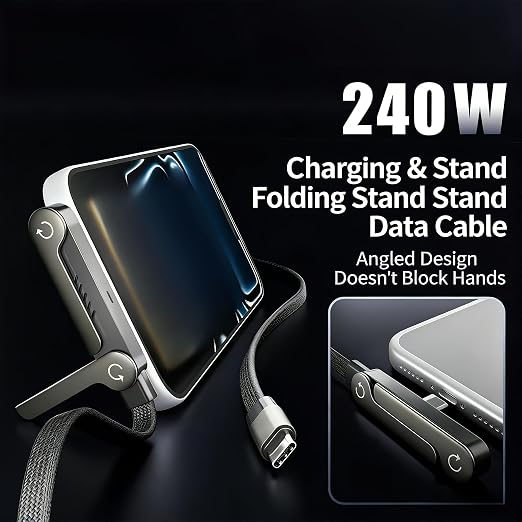 Invisible Holder Charger Cable, 240W PD Fast Charging Cable for Desk, USB-C to USB-C & USB to Light-ning Cable 4.9 FT with 360° Adjustable Metal Stand, 2 in 1 Holder Charger for Gaming, Office, Home