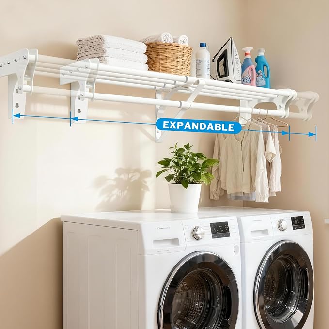 Steel Closet Shelf with Hanging Rod, 28-48'' Expandable Closet Shelves | Back Wall & Side Wall Mounted, Heavy Duty Storage Rack Holds 220 lbs, Adjustable DIY Closet Rod with Shelf Divider Separator
