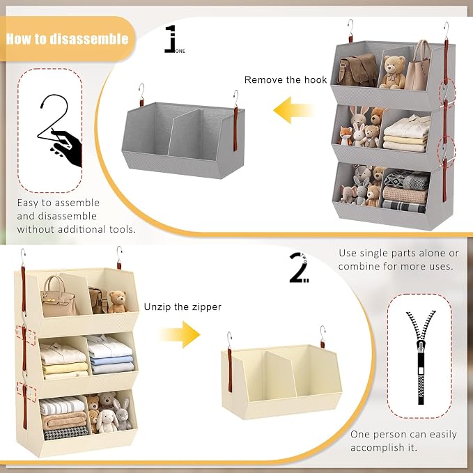 3-Tier Hanging Closet Organizer, Extra Large Fabric Closet Shelves with Zipper, Foldable Closet Storage Organizer for Clothes, Handbags, Socks, Underwear, Dorm Room and RV, Beige - 2 Pack