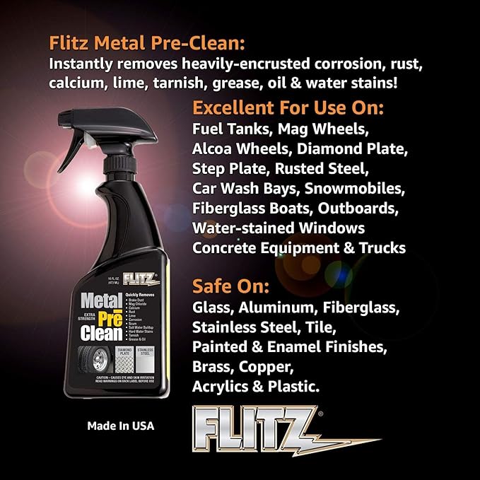 Flitz Metal Pre-Clean - 16oz of USA-Made Stainless Steel Cleaner Spray - Works on Aluminum, Brass, Copper, & More - Tarnish, Rust Remover for Metals - Non-Abrasive Aluminum Deoxidizer (12 Pack)