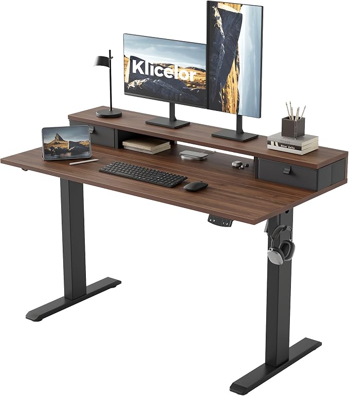 Klicelor 48 x23 Inch Electric Standing Desk with Drawers, Adjustable Height Small Sit Stand Desk for Home Office, Compact Computer Workstation with Storage– Dark Walnut