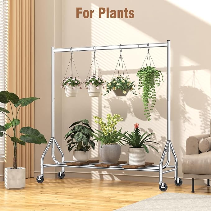 EAGMAK Heavy Duty Clothes Rack Load 420 LBS, Rolling Garment Rack with Lockable Wheels, Standing Metal Clothing Rack, Portable Wardrobe Sturdy Coat Rack for Hanging Clothes (Silver, 59″×18.9″×63″)