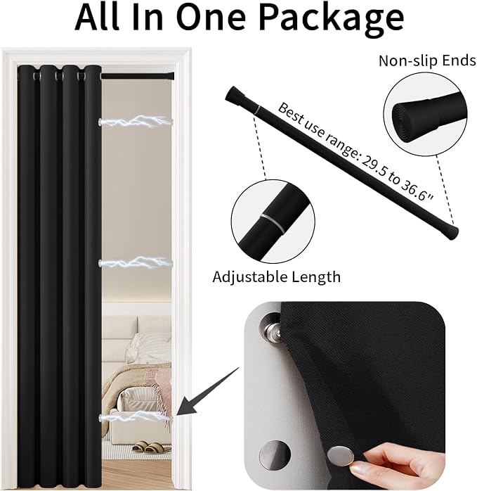 Vatge Magnetic Door Curtain with Rod - W42 x L80, 1 Panel, Black, Thermal Insulated Blackout Curtain for Room Darkening, Temporary Doors for Privacy