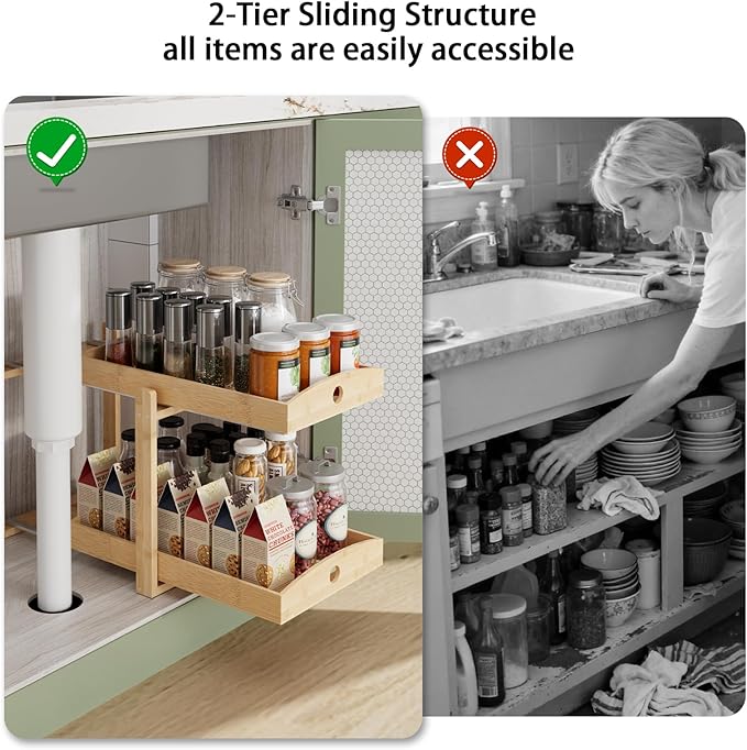 Bamboo Wood Under Sink Organizer 1 Pack, Pull Out Cabinet Organizer 2 Tier Under Sink Organizers and Storage with Sliding Drawer Sturdy Easy Assembly for Kitchen Bathroom Undersink (Nature, 2 Packs)