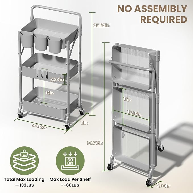 Foldable 3 Tier Metal Utility Rolling Cart, Folding Mobile Multi-Function Storage Trolley Organizer Cart for Home Library Office(Grey)