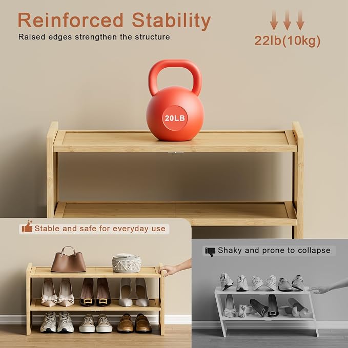 2 Tier Bamboo Shoe Rack, Compact Wood Shelf for Closet | Fits small corners. 6.7in height holds sneakers & heels. Multi-use for entryway, bathroom, kitchen.