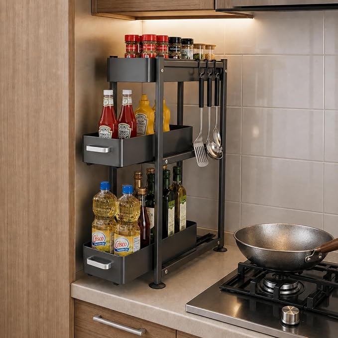 3-Tier Countertop Organizer, Pull Out Spice Rack, Transforming a Cramped, Unusable Space Into a Storage Area, With Suction Cup Feet and 4 Hooks, For Tall Bottles, Condiments and Spices