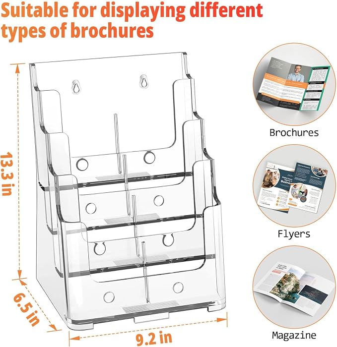 FUCDTEFC 2 Pack Acrylic Brochure Holder 8.5x11 & 4 x9 Inches, Clear 4 Tier Magazine Holder Brochure Display Stand w Removable Divider, Literature Pamphlet Flyer Holder for Wall Mount or Countertop