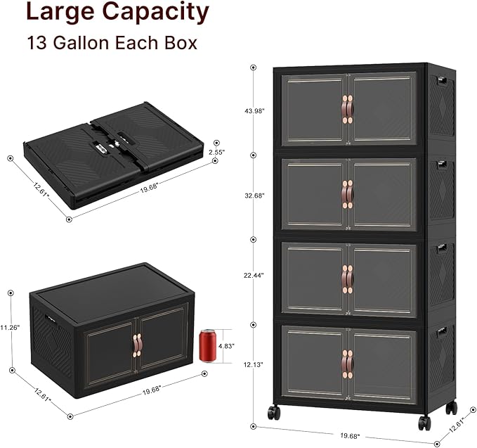 Stackable Storage Bins with Lids, Collapsible Storage Boxes, Foldable Plastic Storage Drawers for Bedroom,Office, Dorm (4, Black, M)