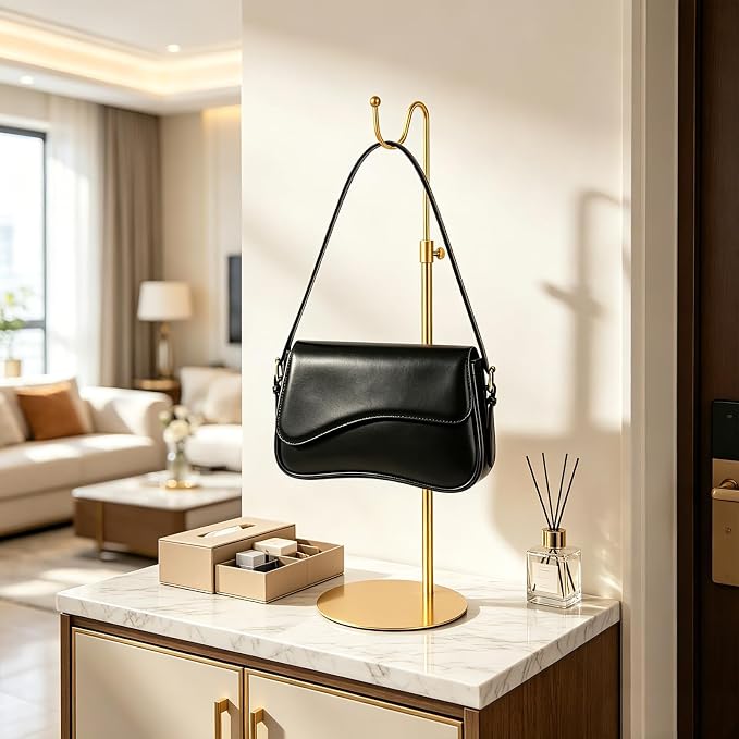 Purse Display Stand Handbag Holder, Gold Metal Adjustable | Tall Hanging-hook for Banners Purse Bag Necklace Organizer for Tabletop Closet Retail Vendors Use