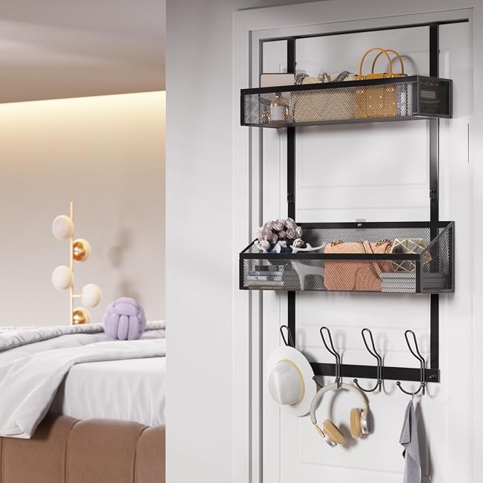2-Tier Over Door Hook & Basket Organizer 12 Hooks + 2 Mesh Baskets for Bathroom Towels, Kitchen Pantry & Bedroom Storage, No-Drill Hanging Rack, Black
