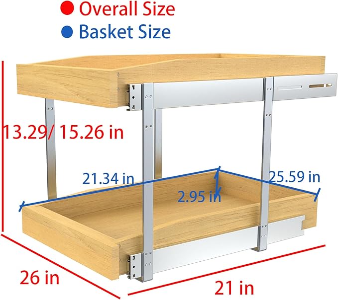 Wooden Soft Close Pull out Cabinet Organizer 26" D x 4.3" H, Heavy Duty Slide Out Drawers Pull-Out Home Organizers for Kitchen Cabinets (2 tier-26 * 21 in)