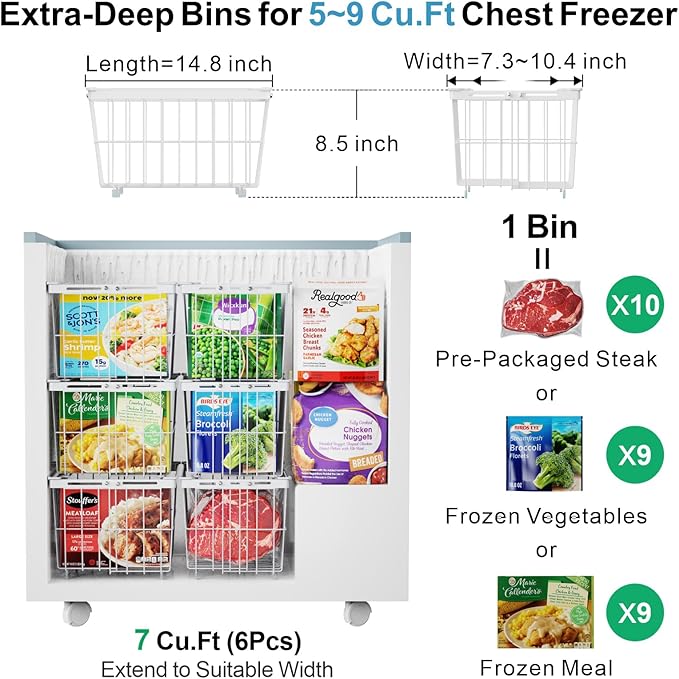 iSPECLE Freezer Organizer Bins - 3 Pack Adjustable Width for 5 to 7 Cu.Ft Chest Freezers, Stackable Freezer Wire Storage Baskets for Deep Freezer Organization, Assembly Required, White