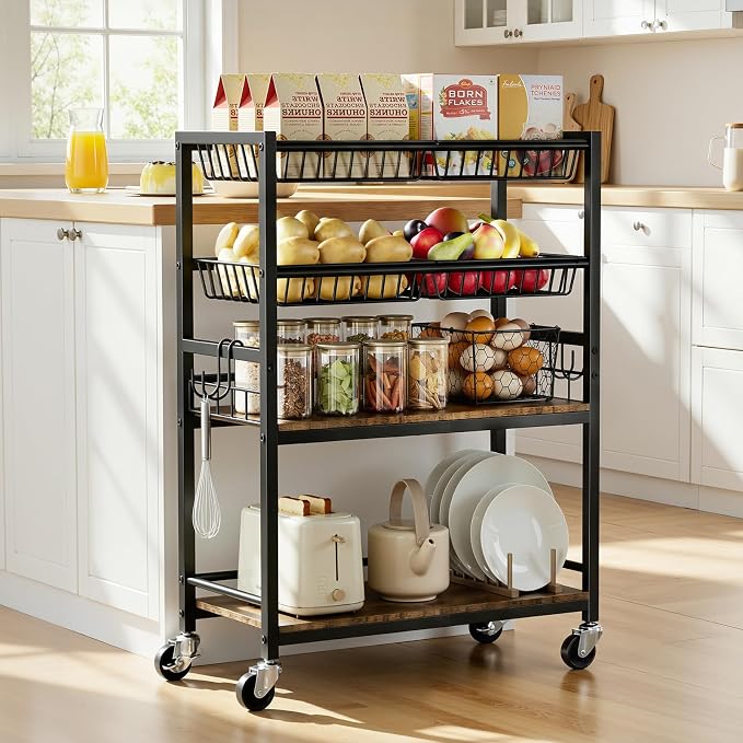 Fruit Vegetable Storage Cart, 4 Detachable Basket | 4-Tier Kitchen Rolling Storage Cart, Fruit & Vegetables Stand, Snack Organizer for Kitchen, Bathroom, Living Room