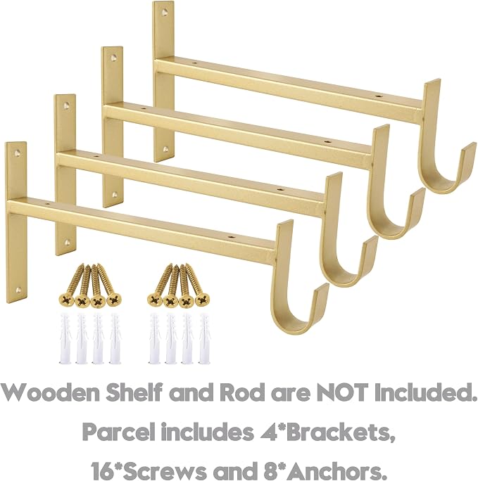 AddGrace Closet Rod Bracket Heavy Duty Shelf Brackets Gold 12 Inch 4 Pack | Fit for Closet Wardrobe Laundry Room and Kitchen, with Hook, Store Above and Hang Below, Supports 66 lbs, Easy to Install