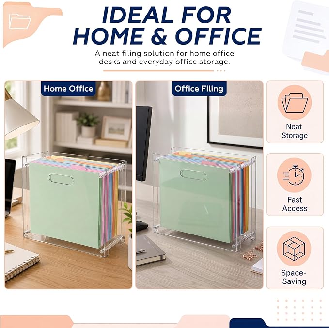 SiliFine Clear Acrylic Hanging File Organizer Box with Handles, 13.6 x 10.4 x 5.1 Inches Narrow Desktop Document Holder for Letter A4 Size, Paper Storage Rack for Desk Office Home