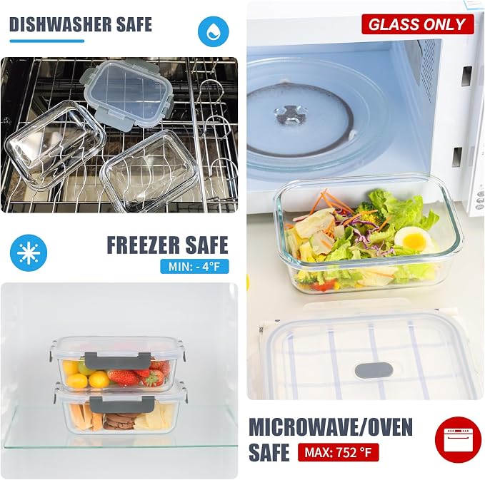 6 Pack, 34oz Glass Meal Prep Containers with Lids, Food Storage Containers | Portion Control, Glass Lunch Containers with Airtight Lids, Microwave, Freezer, Dishwasher Safe