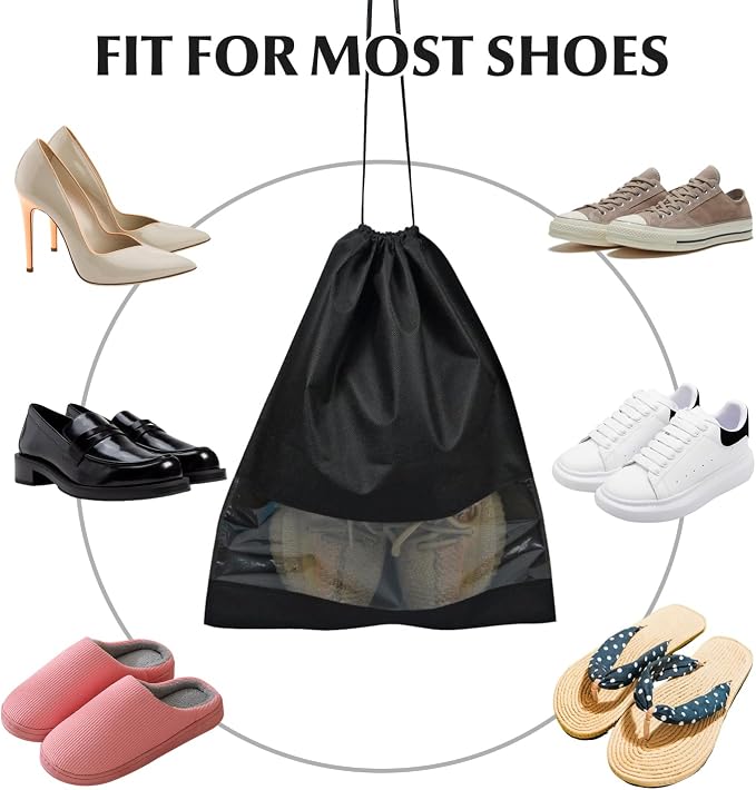 5 Pack Shoe Bags for Travel, Drawstring Bag for Men Women, Shoe Storage, Travel Essentials, Organization Accessories (5, Black)