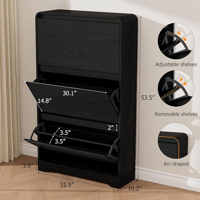 Garvee Hidden Shoe Cabinet, Black | 3 Flip Drawers, Freestanding, For Entryway, Hallway, Foyer, Modern Design, Small Space