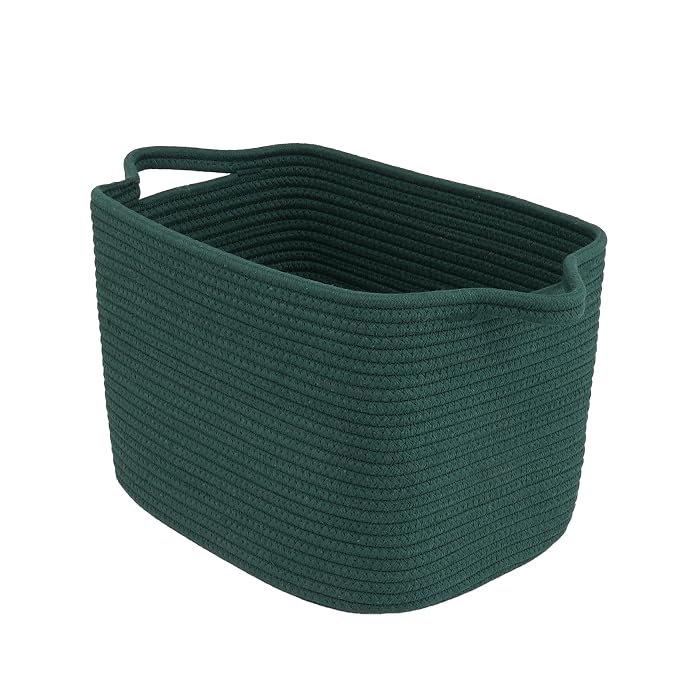 XUANGUO Woven Cotton Rope Storage Basket13x10x9 inch Forest Green | Woven cotton rope basket for shelves and closets. Perfect for toys, books, clothes, nursery storage and gift baskets.