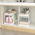 Bamboo Under Sink Organizer and Storage, 2 Pack Pull Out Cabinet Organization, 2 Tier Vertical Slide Out Undersink Storage Shelf, Multi-Purpose Organizer Shelves for Kitchen Bathroom Medicine, White