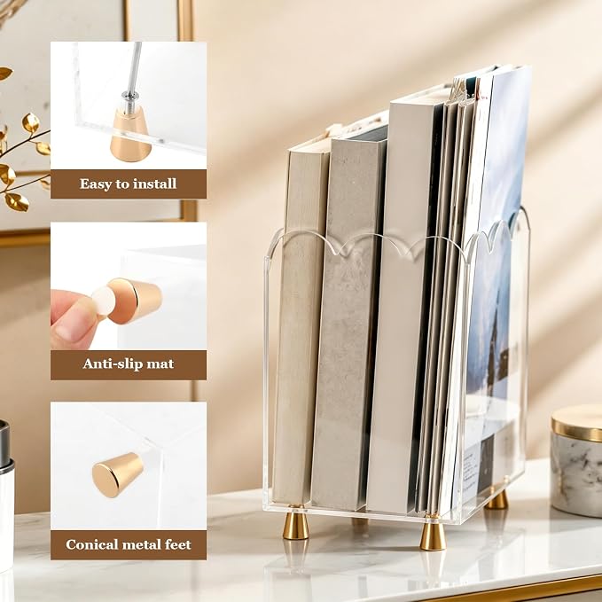 Acrylic Magazine Holder, Clear Acrylic Magazine File Holder, Acrylic Magazine Rack Floor with Curved Edge and Gold Metal Feet, Space Saving Organizer for Books, Magazines, Mail, Documents