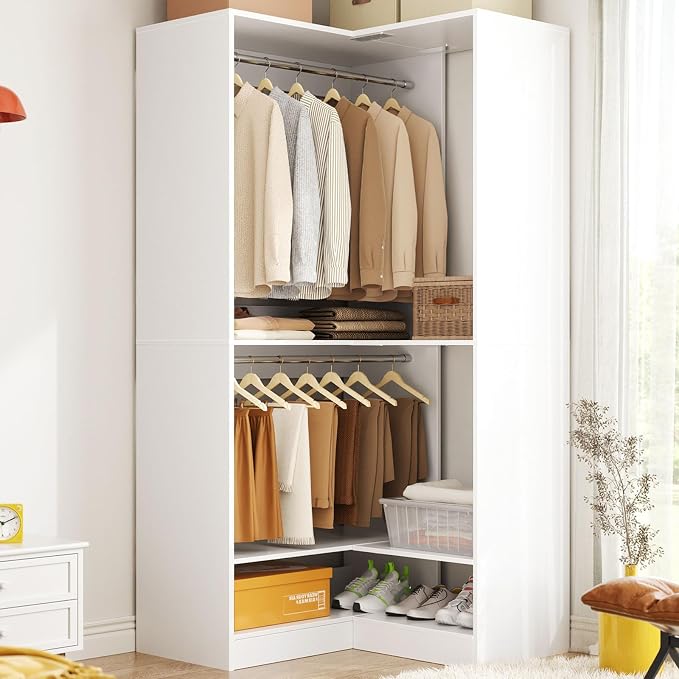 Homieasy Corner Closet System Modular with Upper & Lower Hanging Areas and Shoe Shelf, Corner Wardrobe Organizer, Easy Assembly, Anti-Tip Design, Perfect for Bedroom or Walk-In Closet, White